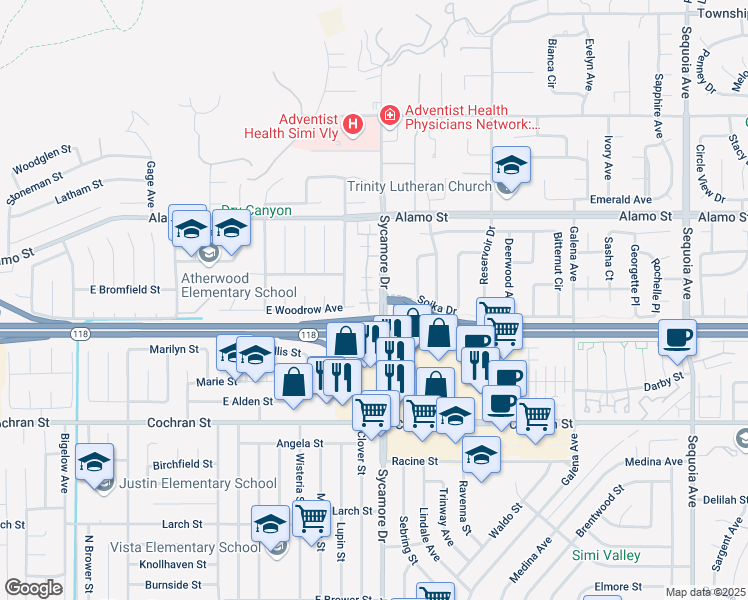 map of restaurants, bars, coffee shops, grocery stores, and more near 2622 Night Jasmine Drive in Simi Valley