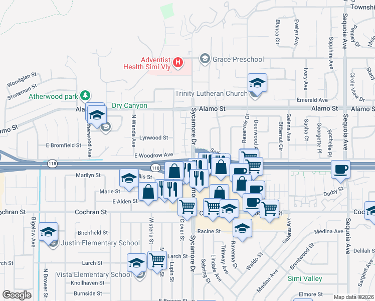 map of restaurants, bars, coffee shops, grocery stores, and more near 2620 Night Jasmine Drive in Simi Valley