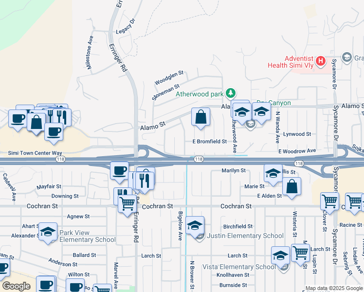 map of restaurants, bars, coffee shops, grocery stores, and more near 2669 North Broadmoor Avenue in Simi Valley