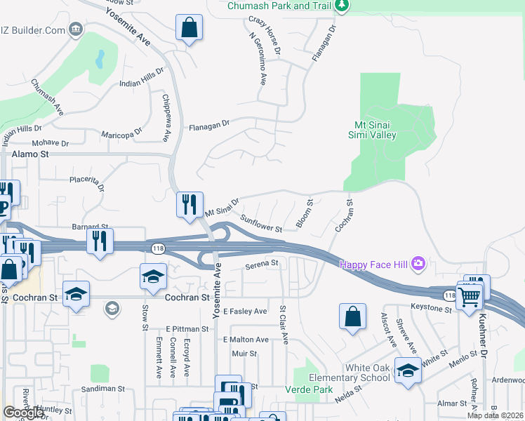 map of restaurants, bars, coffee shops, grocery stores, and more near 2692 Fallen Leaf Court in Simi Valley