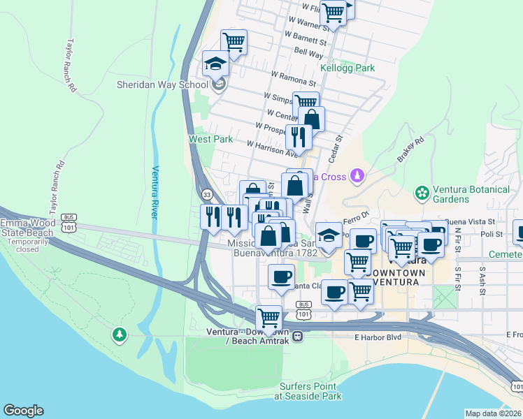 map of restaurants, bars, coffee shops, grocery stores, and more near 161 North Garden Street in Ventura