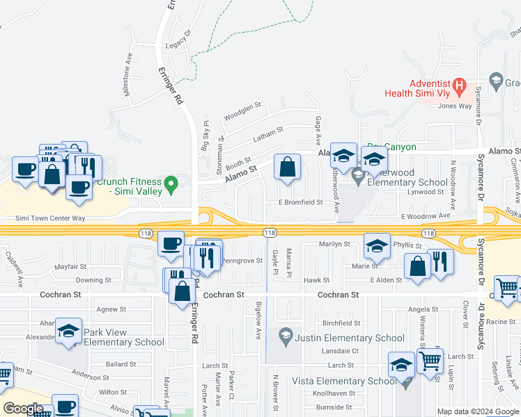 map of restaurants, bars, coffee shops, grocery stores, and more near 2669 North Broadmoor Avenue in Simi Valley