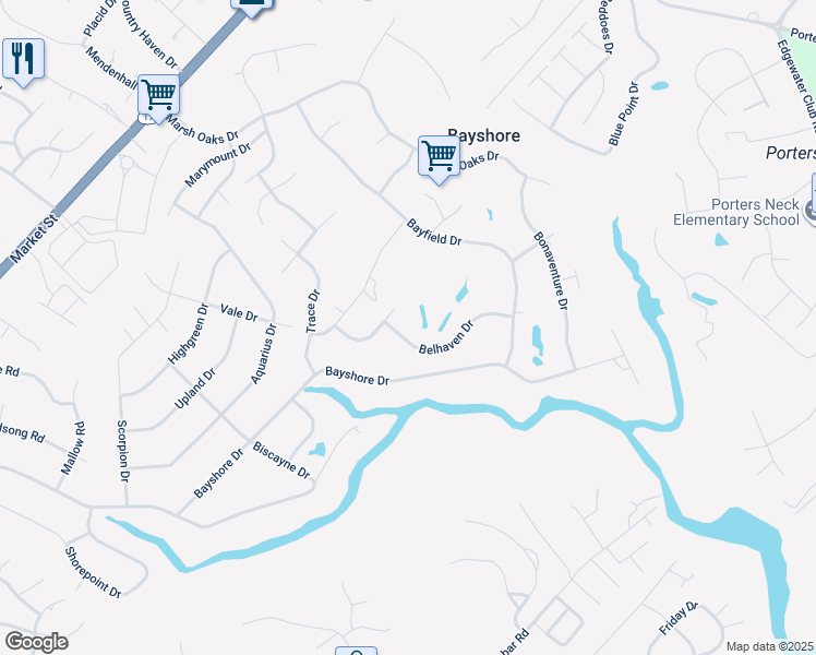map of restaurants, bars, coffee shops, grocery stores, and more near 505 Belhaven Drive in Wilmington