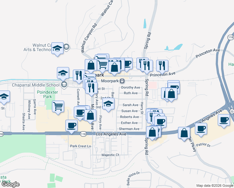 map of restaurants, bars, coffee shops, grocery stores, and more near 445 Millard Street in Moorpark