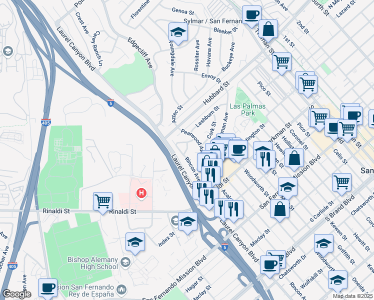 map of restaurants, bars, coffee shops, grocery stores, and more near 14825 Lashburn Street in Los Angeles