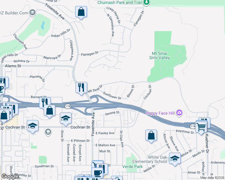 map of restaurants, bars, coffee shops, grocery stores, and more near 2692 Fallen Leaf Court in Simi Valley