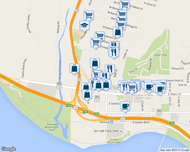 map of restaurants, bars, coffee shops, grocery stores, and more near 220 North Olive Street in Ventura