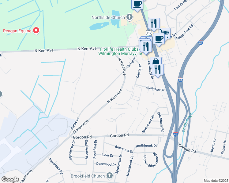 map of restaurants, bars, coffee shops, grocery stores, and more near 1945 North Kerr Avenue in Wilmington