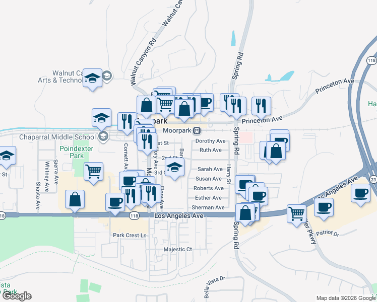 map of restaurants, bars, coffee shops, grocery stores, and more near 445 Millard Street in Moorpark