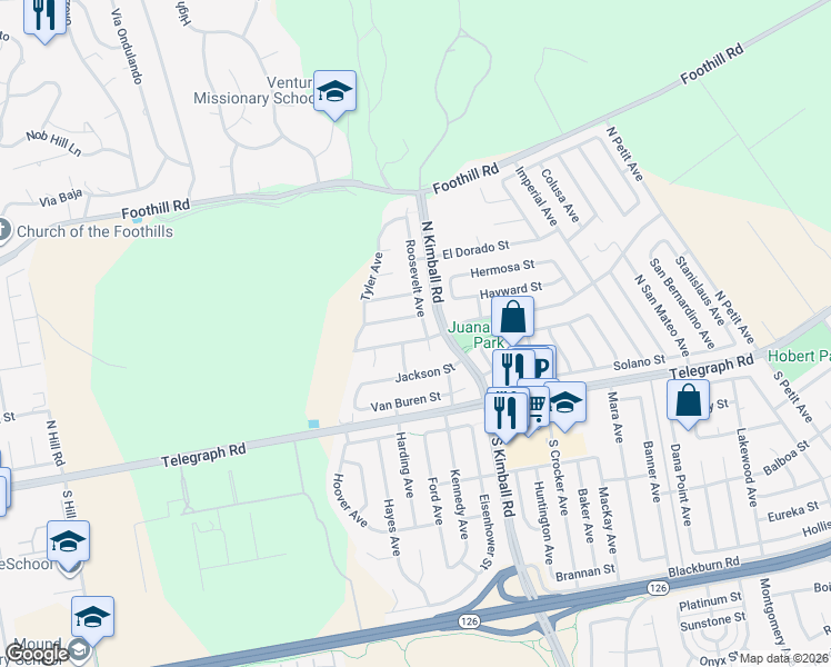 map of restaurants, bars, coffee shops, grocery stores, and more near 7527 Loma Vista Road in Ventura