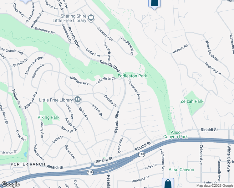 map of restaurants, bars, coffee shops, grocery stores, and more near 18508 Entrada Court in Los Angeles
