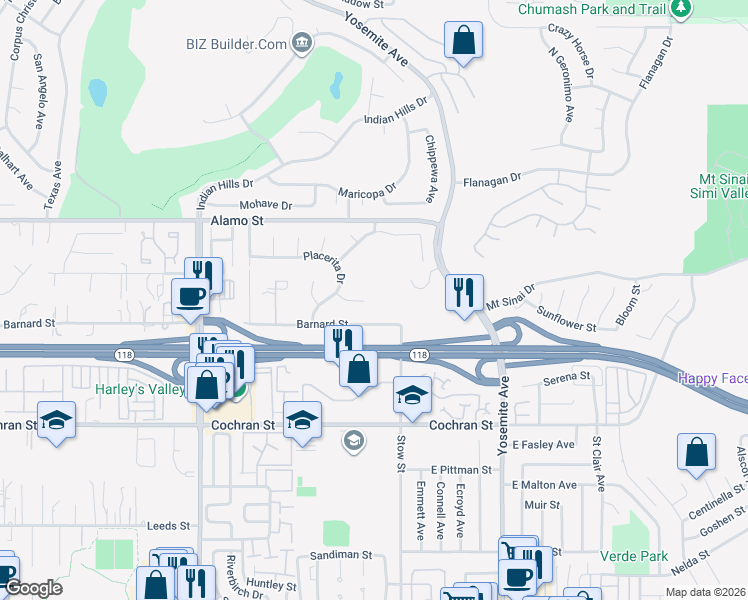 map of restaurants, bars, coffee shops, grocery stores, and more near 5527 Salinas Court in Simi Valley