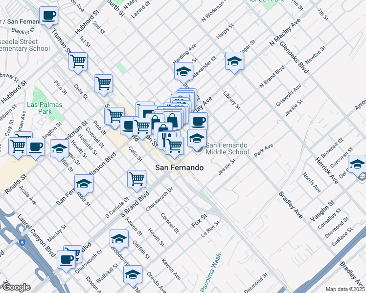 map of restaurants, bars, coffee shops, grocery stores, and more near 919 1st Street in San Fernando
