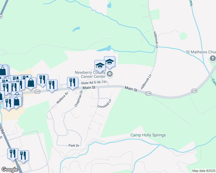 map of restaurants, bars, coffee shops, grocery stores, and more near 3113 Main Street in Newberry
