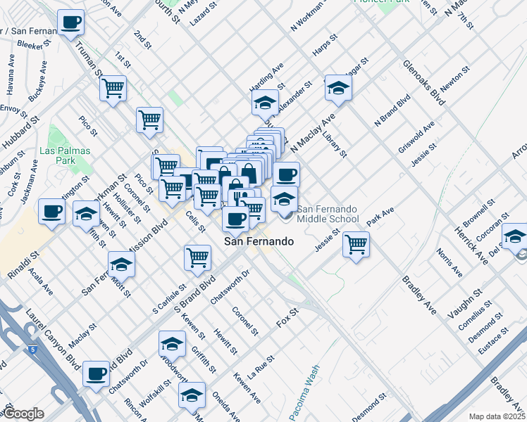 map of restaurants, bars, coffee shops, grocery stores, and more near 919 1st Street in San Fernando