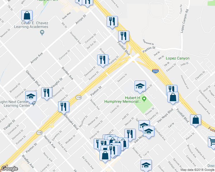 map of restaurants, bars, coffee shops, grocery stores, and more near 11779 Dronfield Avenue in Los Angeles
