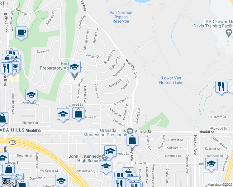 map of restaurants, bars, coffee shops, grocery stores, and more near 16326 Keeler Drive in Los Angeles