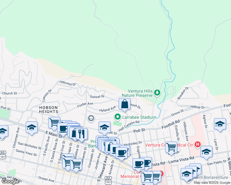 map of restaurants, bars, coffee shops, grocery stores, and more near 2295 Hillcrest Drive in Ventura