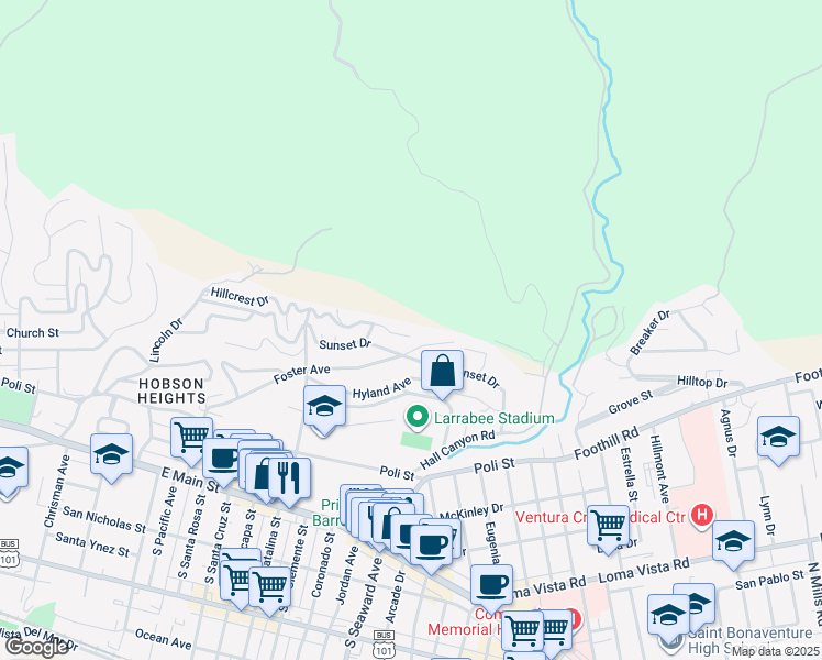 map of restaurants, bars, coffee shops, grocery stores, and more near 2295 Hillcrest Drive in Ventura