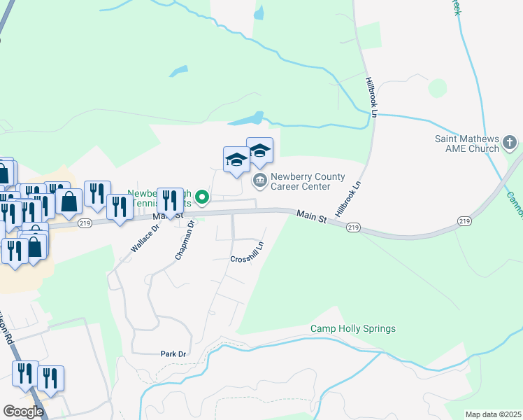 map of restaurants, bars, coffee shops, grocery stores, and more near 3413 Main Street in Newberry