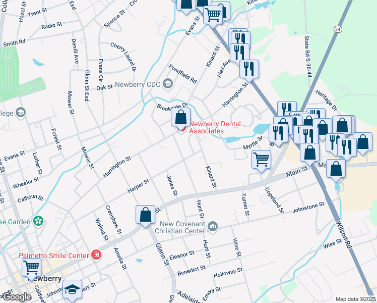 map of restaurants, bars, coffee shops, grocery stores, and more near 1300 Hunt Street in Newberry