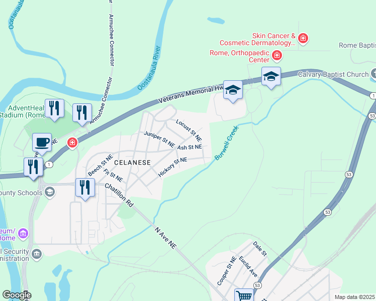 map of restaurants, bars, coffee shops, grocery stores, and more near 53 Ash Street Northeast in Rome