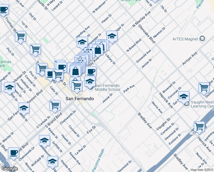 map of restaurants, bars, coffee shops, grocery stores, and more near 801 3rd Street in San Fernando
