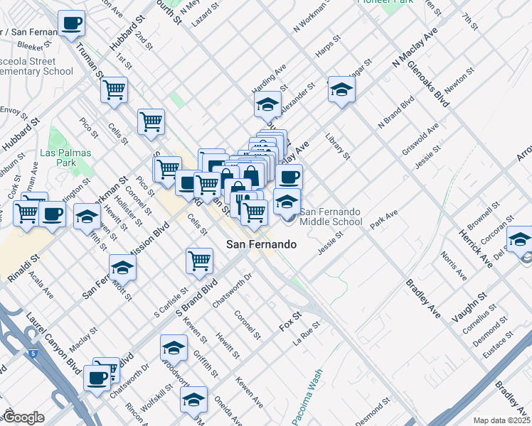 map of restaurants, bars, coffee shops, grocery stores, and more near 117 North Macneil Street in San Fernando