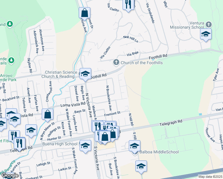 map of restaurants, bars, coffee shops, grocery stores, and more near 292 North Brookshire Avenue in Ventura