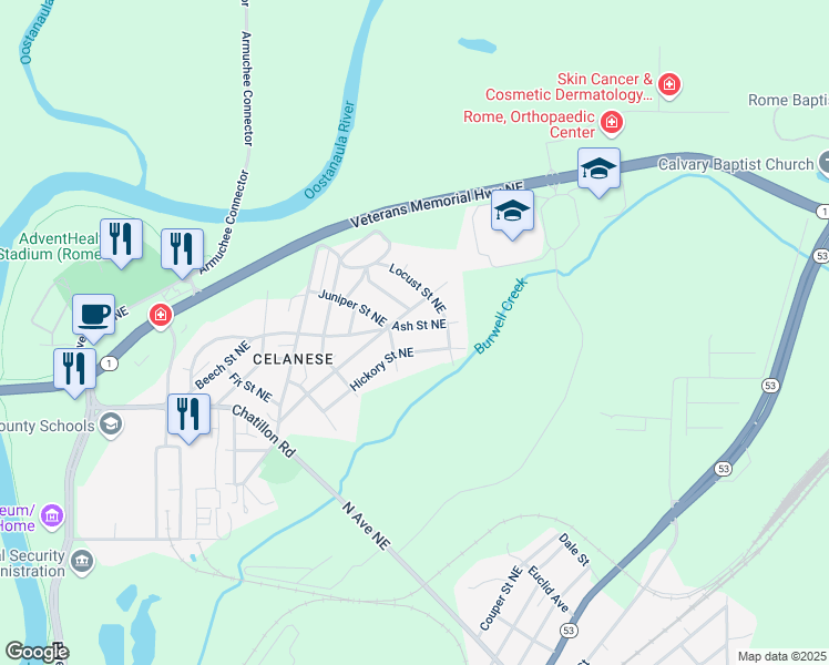 map of restaurants, bars, coffee shops, grocery stores, and more near 53 Ash Street Northeast in Rome