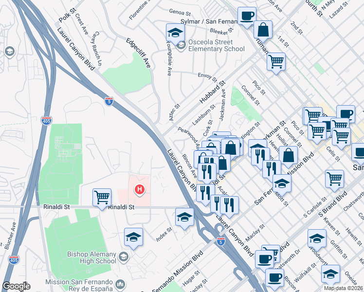 map of restaurants, bars, coffee shops, grocery stores, and more near 14837 Mission Glen Lane in Los Angeles