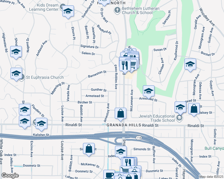 map of restaurants, bars, coffee shops, grocery stores, and more near 17043 Gunther Street in Los Angeles