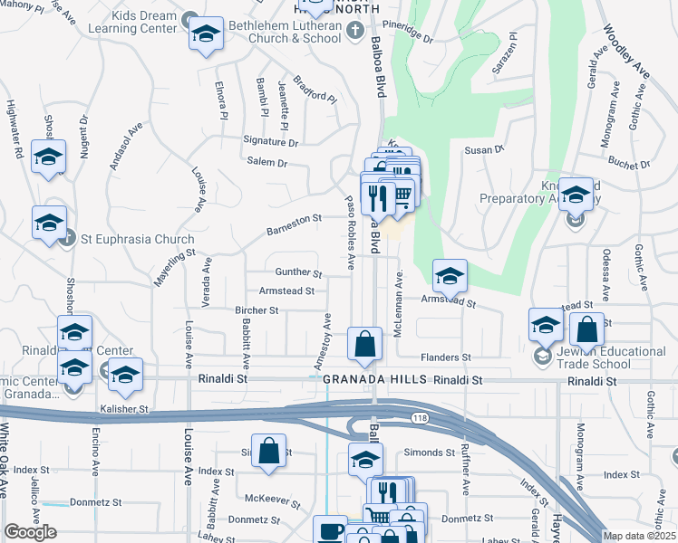 map of restaurants, bars, coffee shops, grocery stores, and more near 17043 Gunther Street in Los Angeles