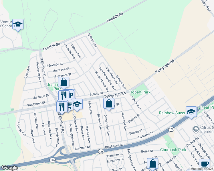 map of restaurants, bars, coffee shops, grocery stores, and more near 44 North San Mateo Avenue in Ventura