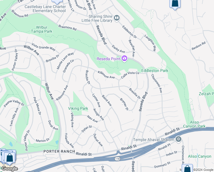 map of restaurants, bars, coffee shops, grocery stores, and more near 18645 Brasilia Drive in Los Angeles