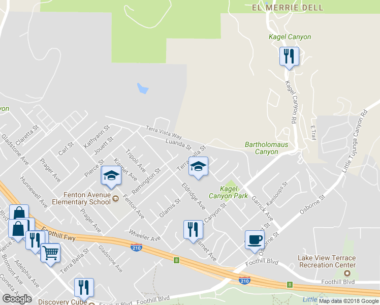 map of restaurants, bars, coffee shops, grocery stores, and more near 11630 Luanda Street in Los Angeles