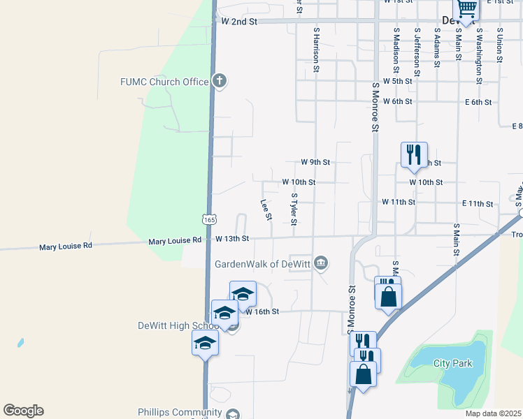 map of restaurants, bars, coffee shops, grocery stores, and more near 1051-1099 Lee Street in DeWitt