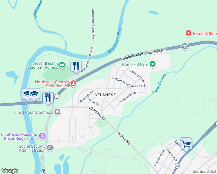map of restaurants, bars, coffee shops, grocery stores, and more near 17 Dogwood Street Northeast in Rome
