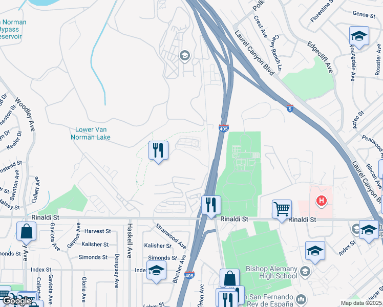 map of restaurants, bars, coffee shops, grocery stores, and more near 15637 Odyssey Drive in Los Angeles