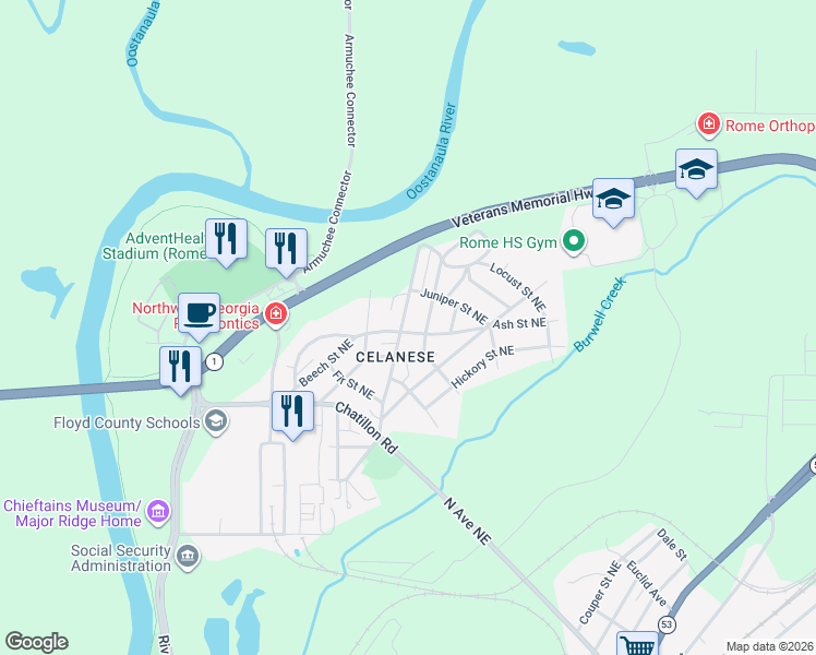 map of restaurants, bars, coffee shops, grocery stores, and more near 17 Dogwood Street Northeast in Rome