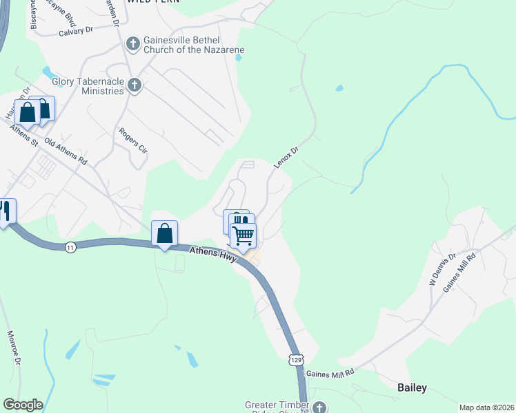 map of restaurants, bars, coffee shops, grocery stores, and more near 2341 Lenox Drive in Gainesville