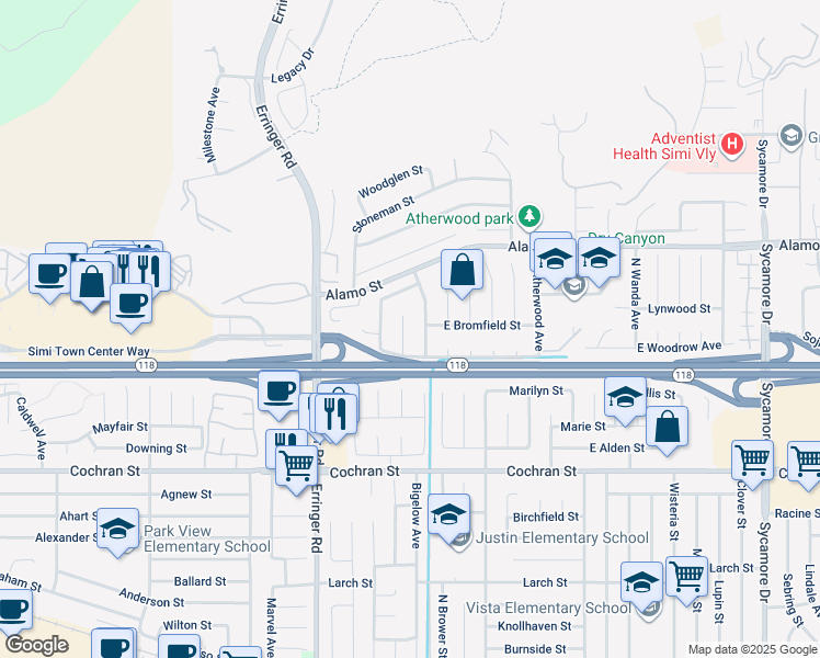 map of restaurants, bars, coffee shops, grocery stores, and more near 2650 Belburn Place in Simi Valley