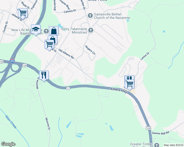 map of restaurants, bars, coffee shops, grocery stores, and more near 1950 Half Circle in Gainesville
