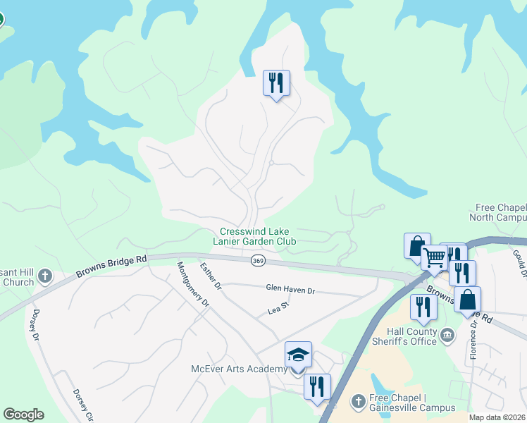 map of restaurants, bars, coffee shops, grocery stores, and more near 3242 Indian Hawthorne Ridge in Gainesville