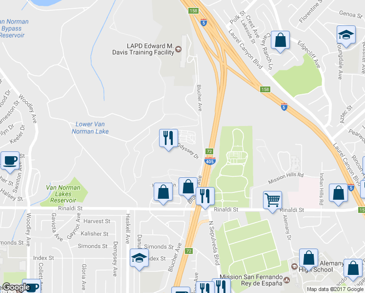 map of restaurants, bars, coffee shops, grocery stores, and more near 15742 Odyssey Drive in Los Angeles