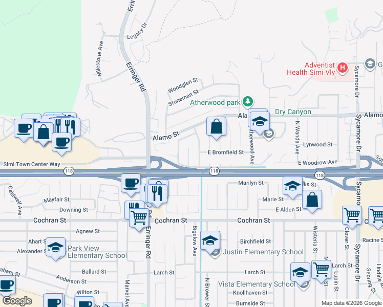 map of restaurants, bars, coffee shops, grocery stores, and more near 2650 Belburn Place in Simi Valley