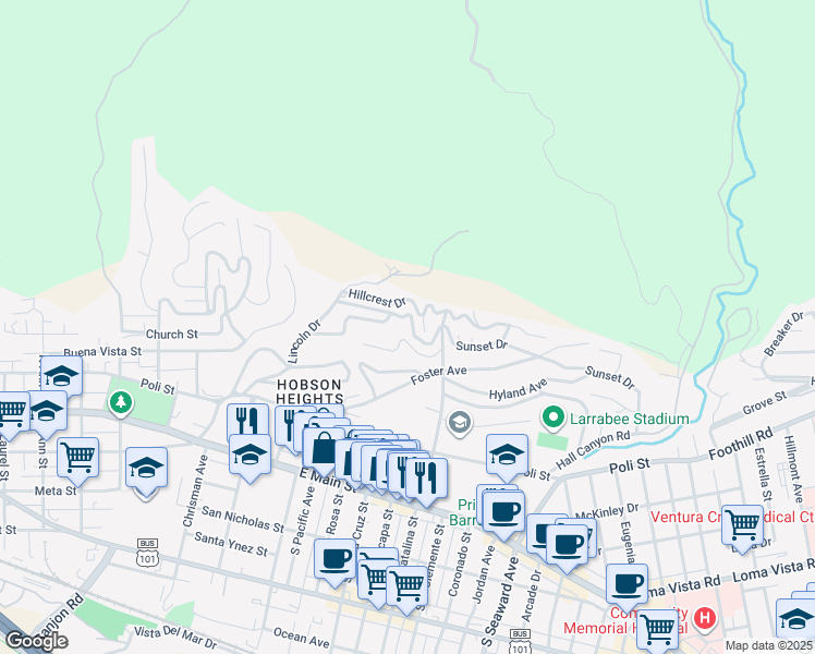 map of restaurants, bars, coffee shops, grocery stores, and more near 1942 Sunset Drive in Ventura