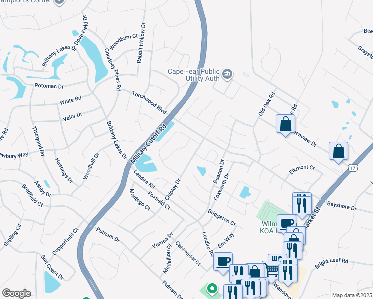 map of restaurants, bars, coffee shops, grocery stores, and more near 7438 Darius Drive in Wilmington