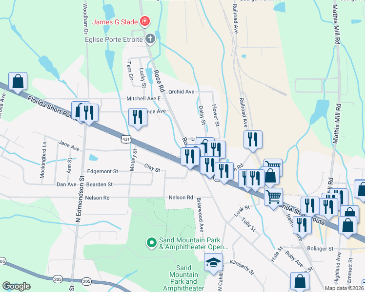 map of restaurants, bars, coffee shops, grocery stores, and more near 909 Rose Road in Albertville