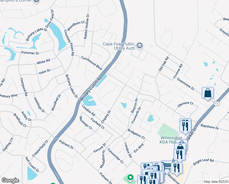 map of restaurants, bars, coffee shops, grocery stores, and more near 7438 Darius Drive in Wilmington